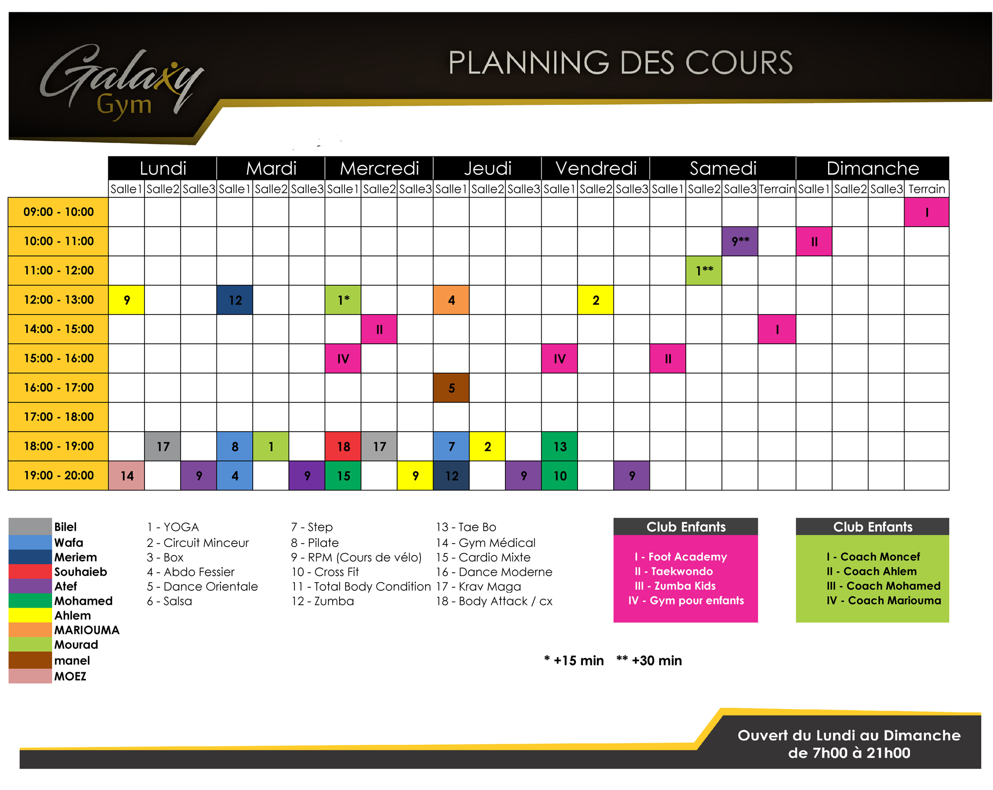 Planning des cours et activités Galaxy Gym salle de sport et de fitness